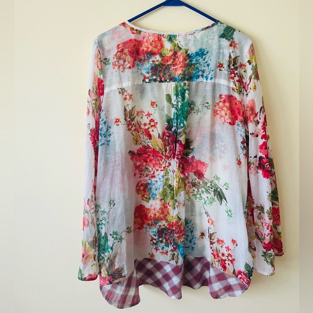 Soft Surroundings Long Sleeve Tunic Top Floral Applique Colorful Mix Print Sz L - Picture 2 of 4